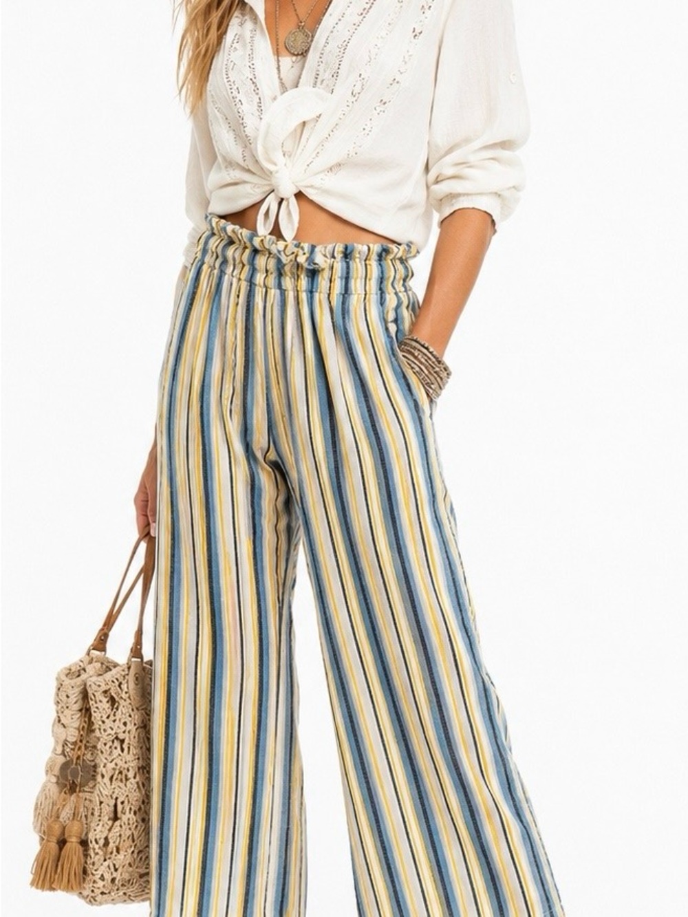 FEVER Linen Striped Paperbag Wide Leg Pants Blue White Yellow Elastic Waist